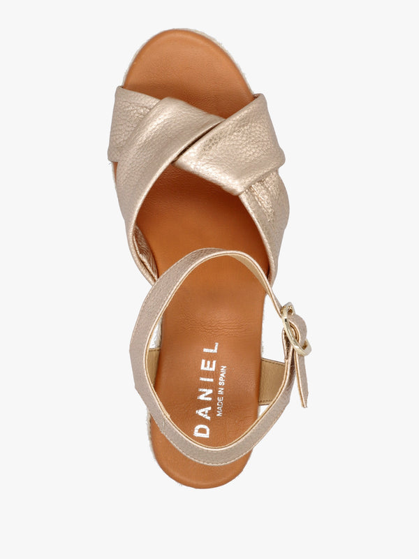 Jelly Rose Gold Leather Cross Strap Jute Block Heel Sandals