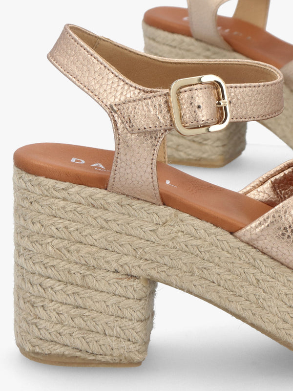 Jelly Rose Gold Leather Cross Strap Jute Block Heel Sandals