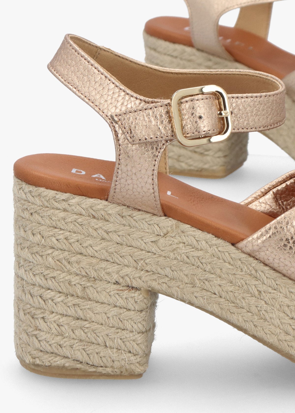 Jelly Rose Gold Leather Cross Strap Jute Block Heel Sandals