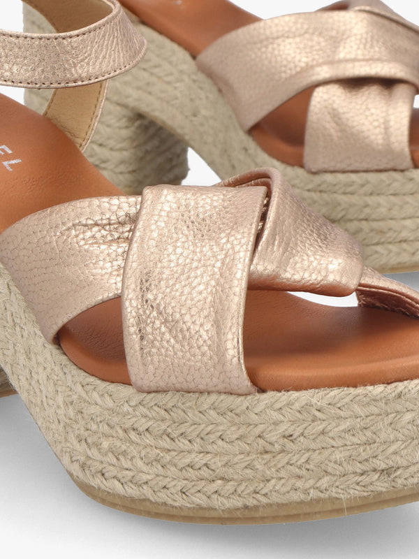 Jelly Rose Gold Leather Cross Strap Jute Block Heel Sandals