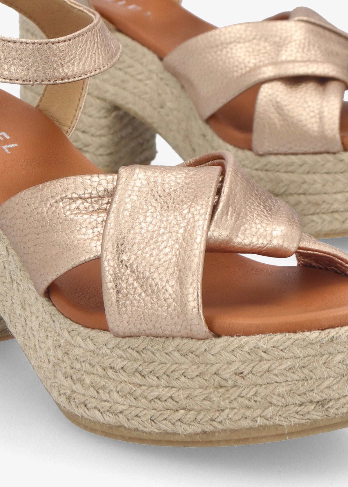 Jelly Rose Gold Leather Cross Strap Jute Block Heel Sandals