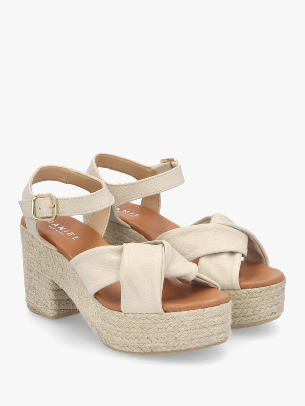 Jelly Cream Leather Cross Strap Jute Block Heel Sandals