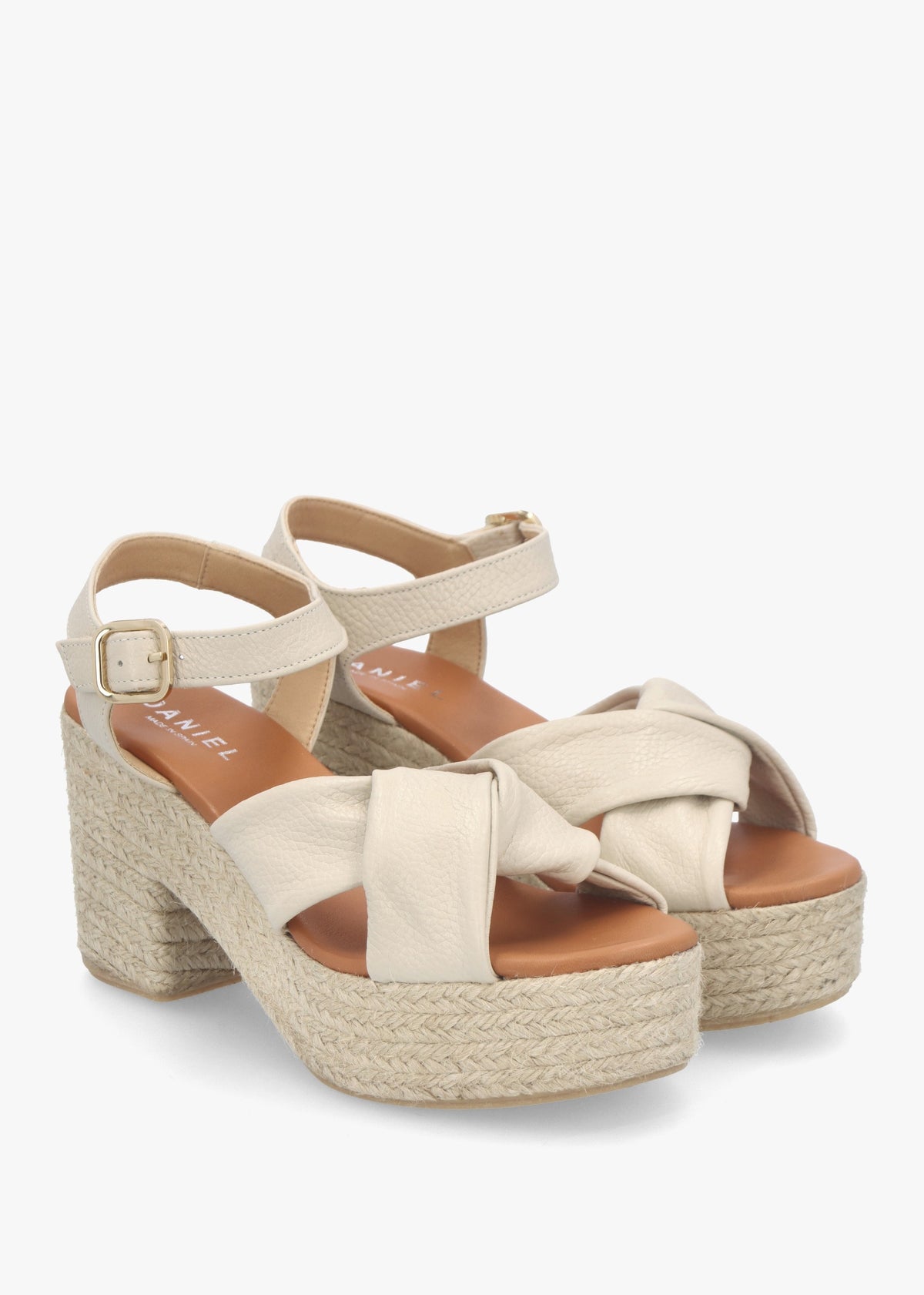 Jelly Cream Leather Cross Strap Jute Block Heel Sandals