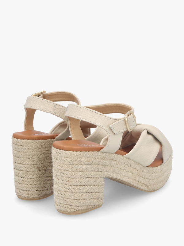 Jelly Cream Leather Cross Strap Jute Block Heel Sandals