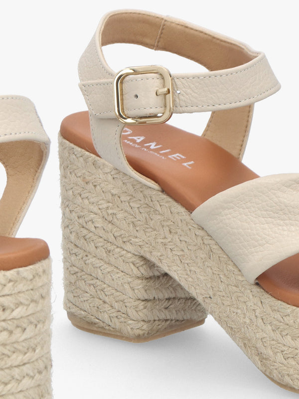 Jelly Cream Leather Cross Strap Jute Block Heel Sandals
