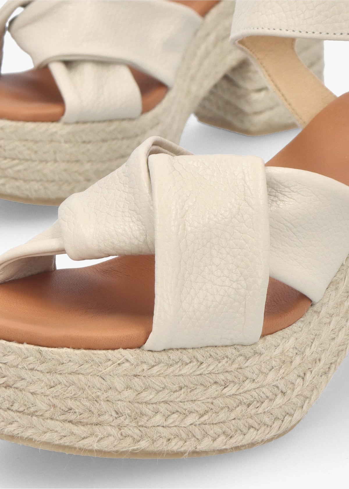 Jelly Cream Leather Cross Strap Jute Block Heel Sandals