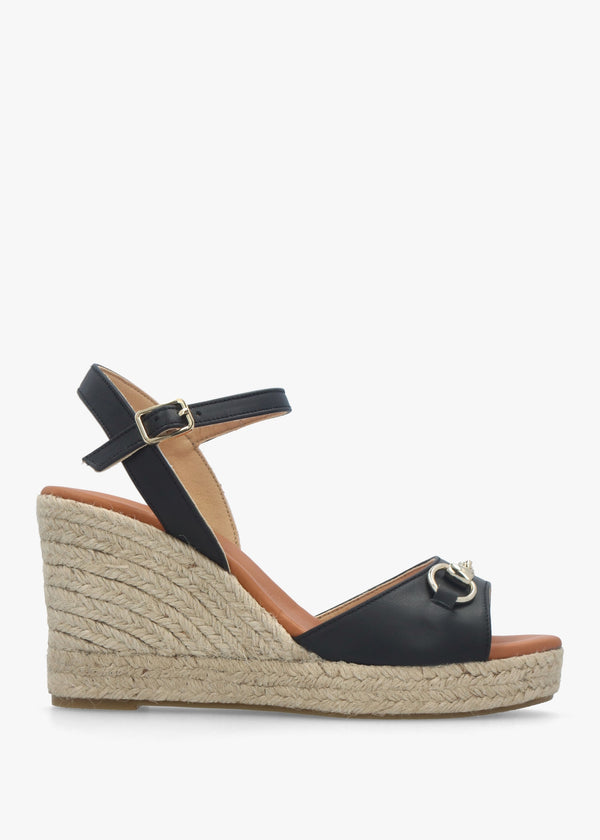 Jaffle Black Leather Snaffle Wedge Espadrilles