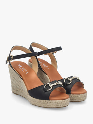 Jaffle Black Leather Snaffle Wedge Espadrilles