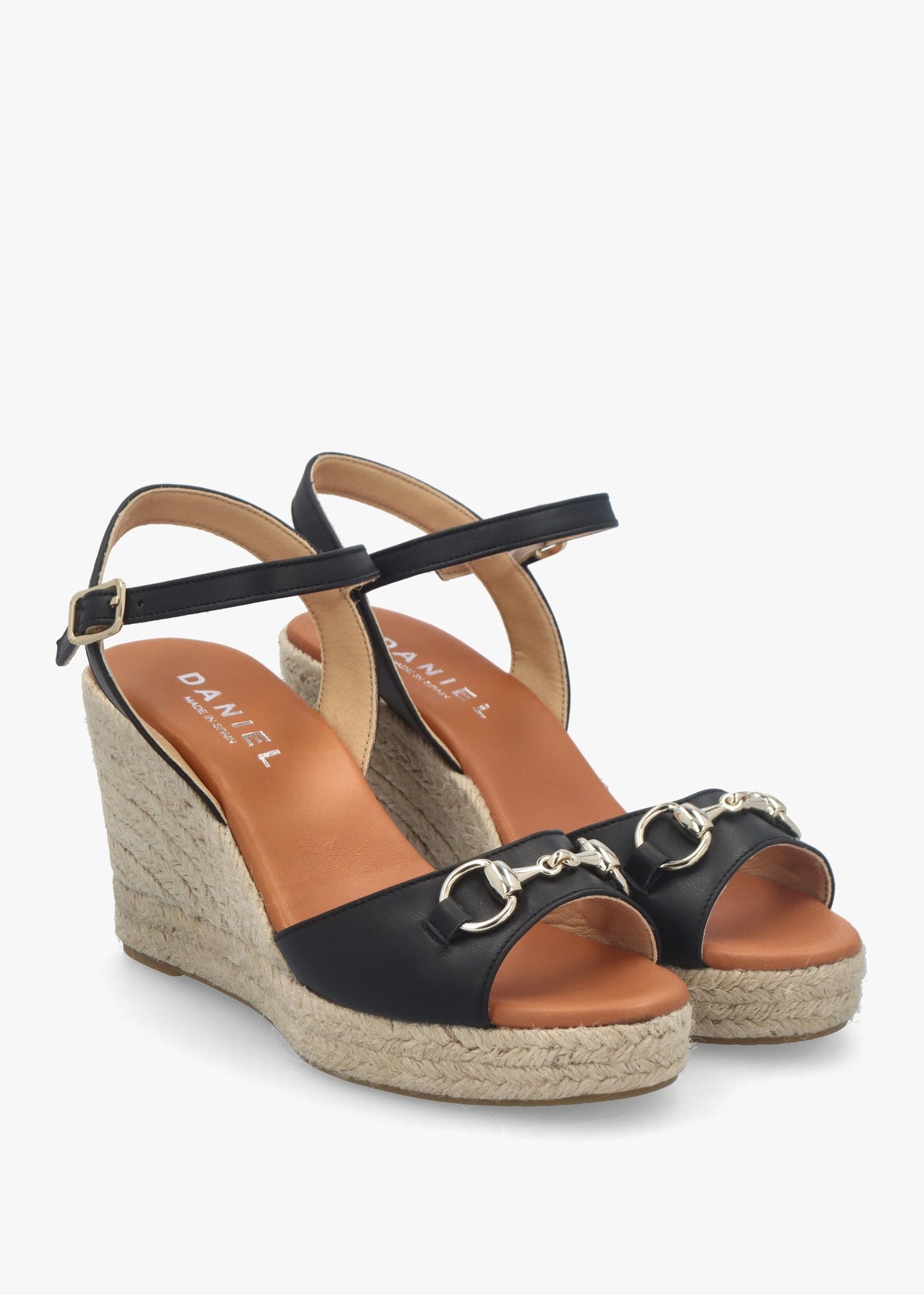 Jaffle Black Leather Snaffle Wedge Espadrilles