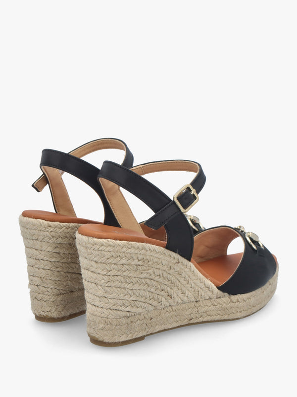 Jaffle Black Leather Snaffle Wedge Espadrilles