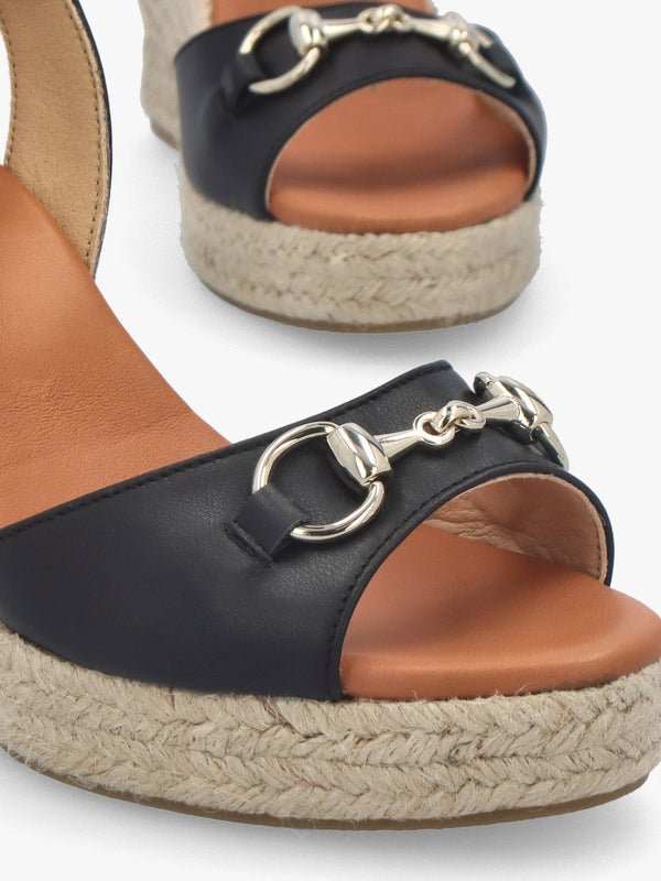 Jaffle Black Leather Snaffle Wedge Espadrilles