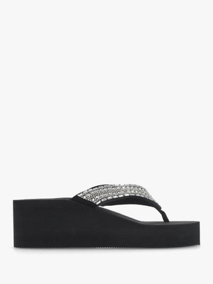 Black Embellished Toe Post Chunky Wedge Flip Flops