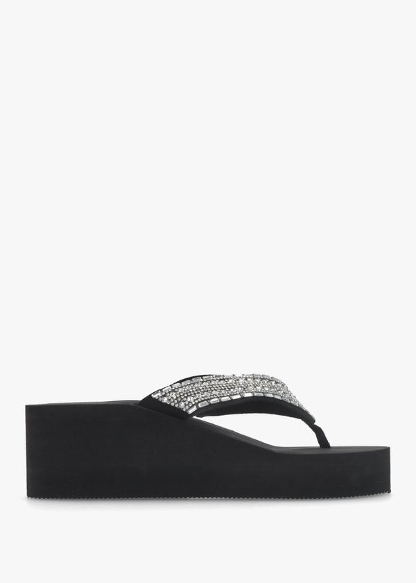Black Embellished Toe Post Chunky Wedge Flip Flops