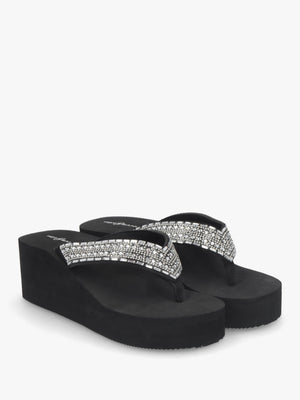 Black Embellished Toe Post Chunky Wedge Flip Flops