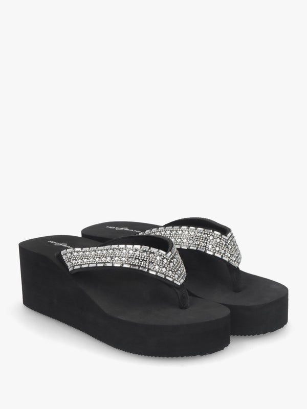 Black Embellished Toe Post Chunky Wedge Flip Flops