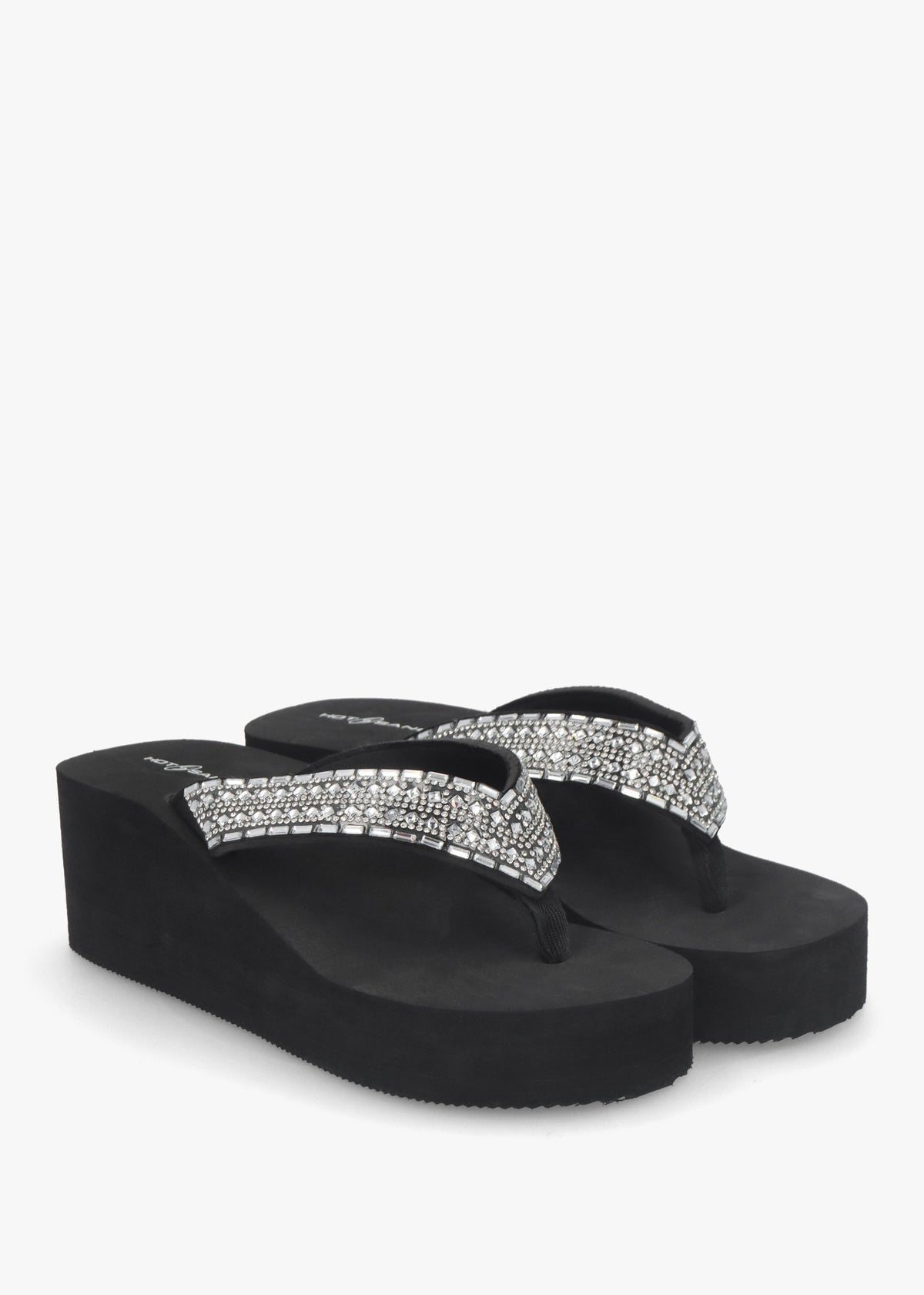 Black Embellished Toe Post Chunky Wedge Flip Flops