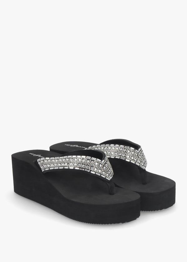 Black Embellished Toe Post Chunky Wedge Flip Flops