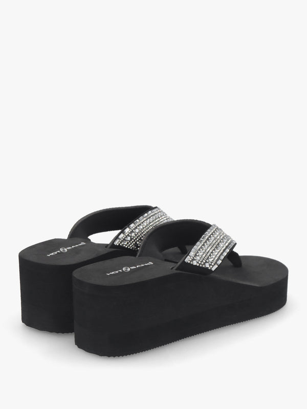 Black Embellished Toe Post Chunky Wedge Flip Flops