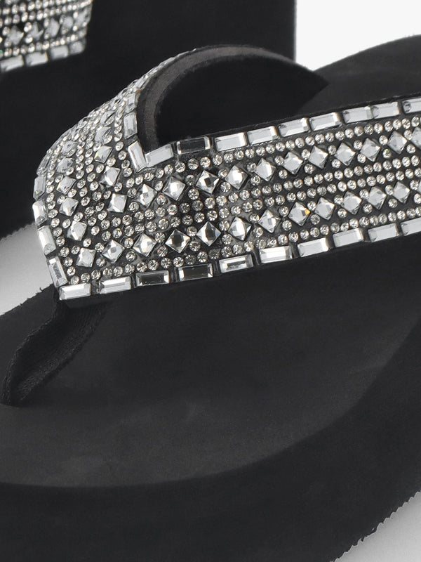 Black Embellished Toe Post Chunky Wedge Flip Flops