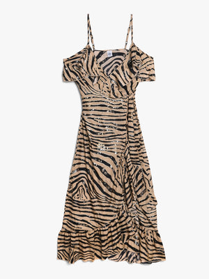 Black & Taupe Crepe Strappy Wrap Dress