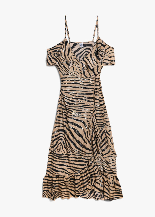 Black & Taupe Crepe Strappy Wrap Dress