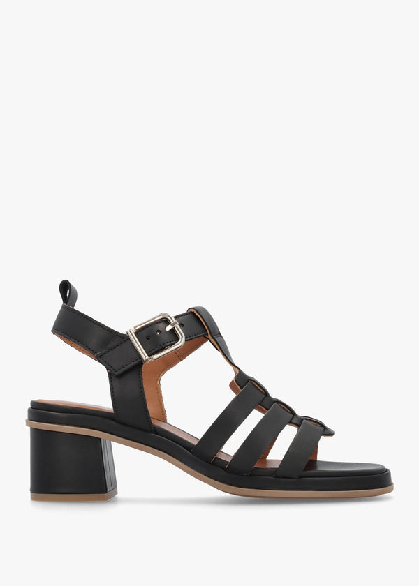 Akure Black Leather Block Heel Fisherman Sandals