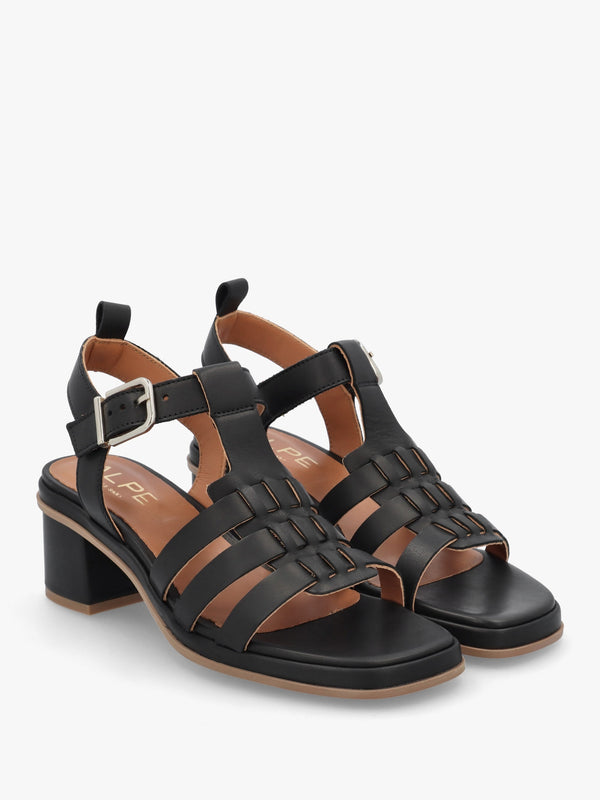 Akure Black Leather Block Heel Fisherman Sandals
