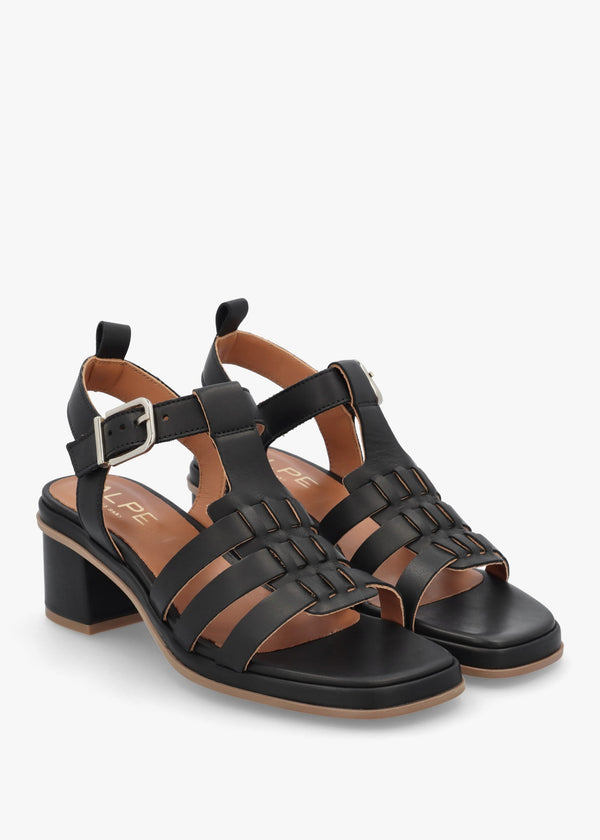 Akure Black Leather Block Heel Fisherman Sandals