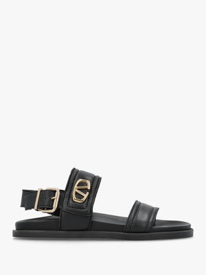 Avadi Black Leather Two Bar Flat Sandals