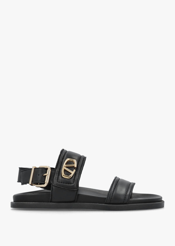 Avadi Black Leather Two Bar Flat Sandals