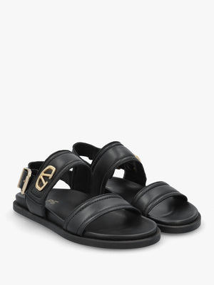 Avadi Black Leather Two Bar Flat Sandals
