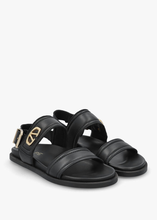 Avadi Black Leather Two Bar Flat Sandals