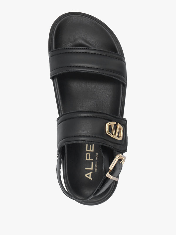 Avadi Black Leather Two Bar Flat Sandals