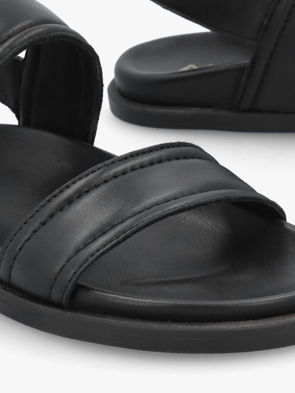 Avadi Black Leather Two Bar Flat Sandals