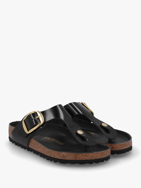 Gizeh Big Buckle High-Shine Black Leather Toe Post Sandals