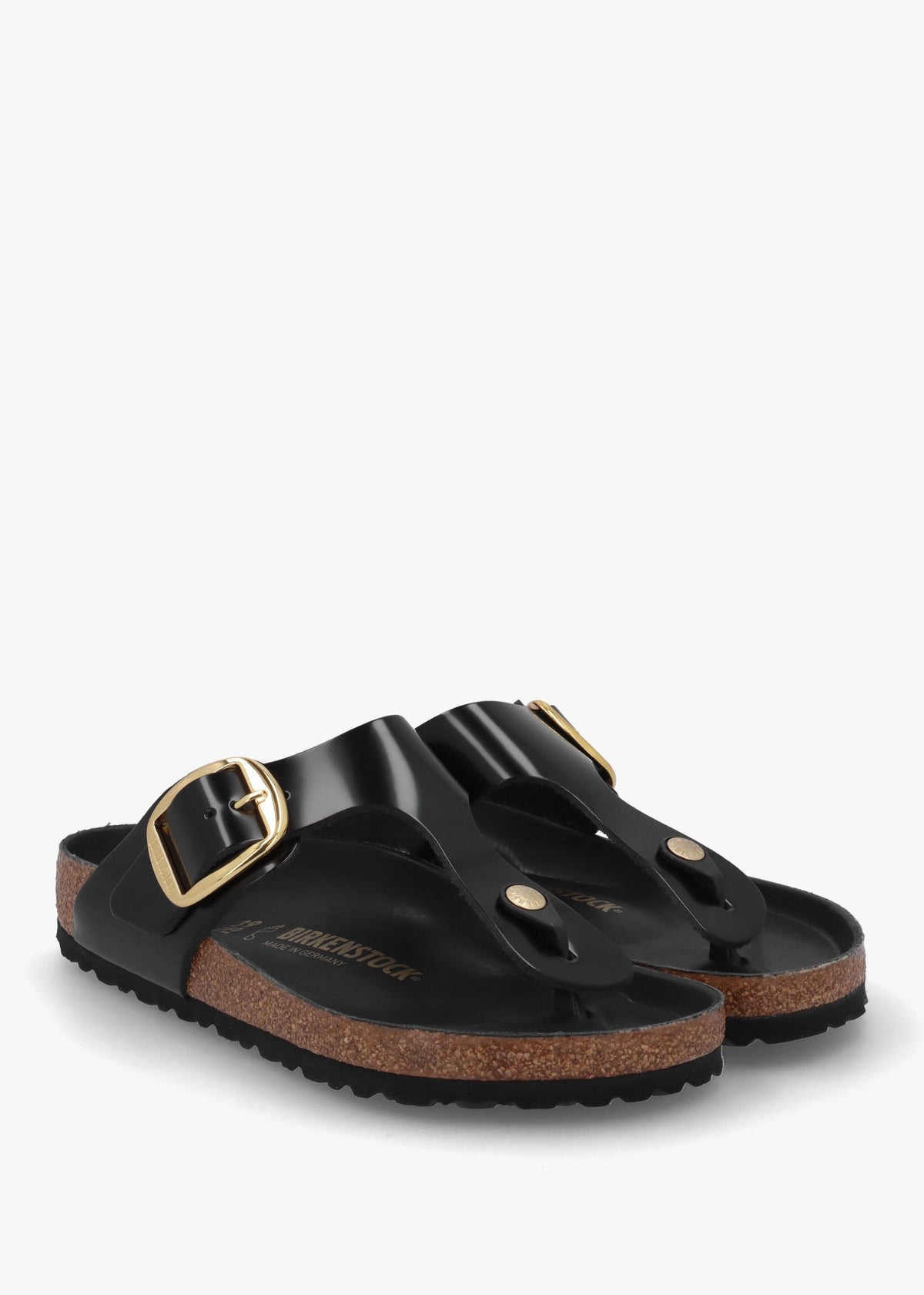 Gizeh Big Buckle High-Shine Black Leather Toe Post Sandals