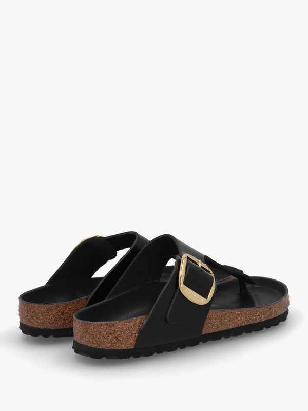 Gizeh Big Buckle High-Shine Black Leather Toe Post Sandals