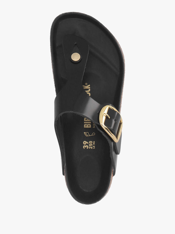 Gizeh Big Buckle High-Shine Black Leather Toe Post Sandals