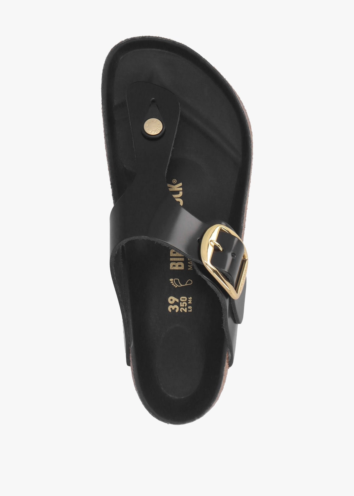 Gizeh Big Buckle High-Shine Black Leather Toe Post Sandals