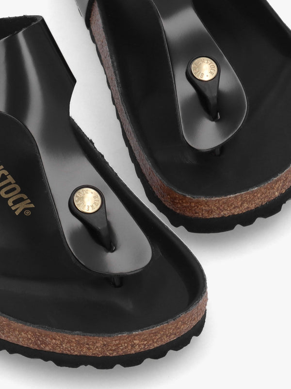 Gizeh Big Buckle High-Shine Black Leather Toe Post Sandals
