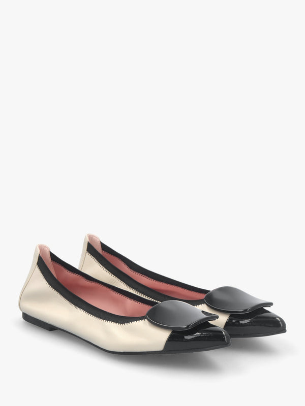 Ella Cream & Black Leather Pointed Toe Ballet Pumps