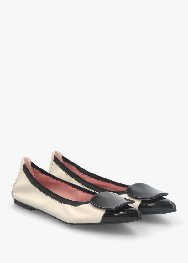Ella Cream & Black Leather Pointed Toe Ballet Pumps