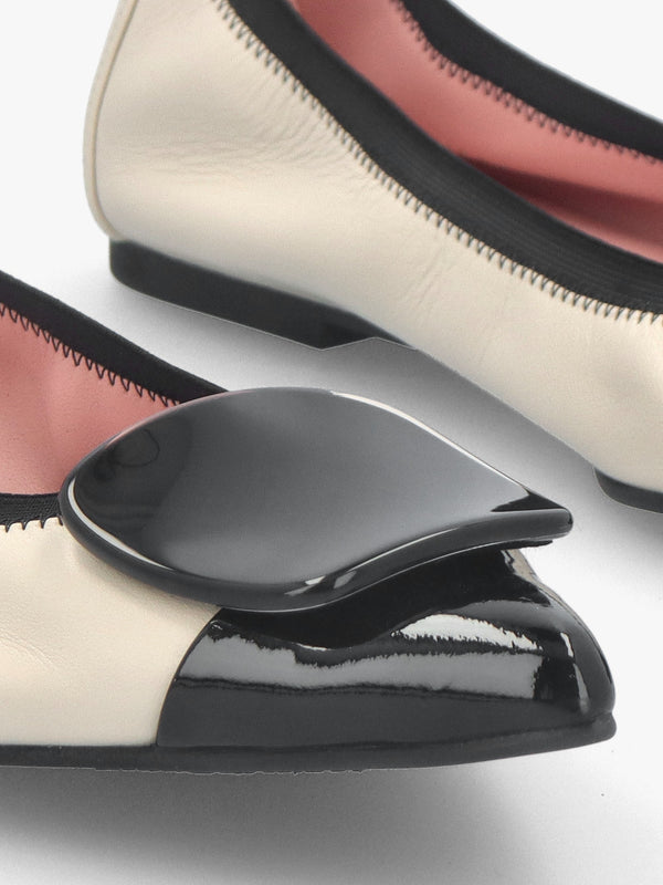 Ella Cream & Black Leather Pointed Toe Ballet Pumps