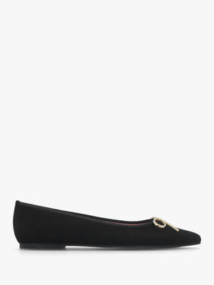 Ella Black Suede Diamante Bow Pointed Toe Ballet Pumps