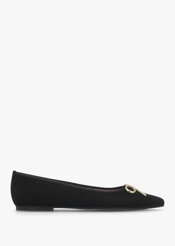 Ella Black Suede Diamante Bow Pointed Toe Ballet Pumps