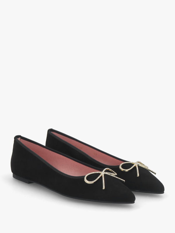 Ella Black Suede Diamante Bow Pointed Toe Ballet Pumps