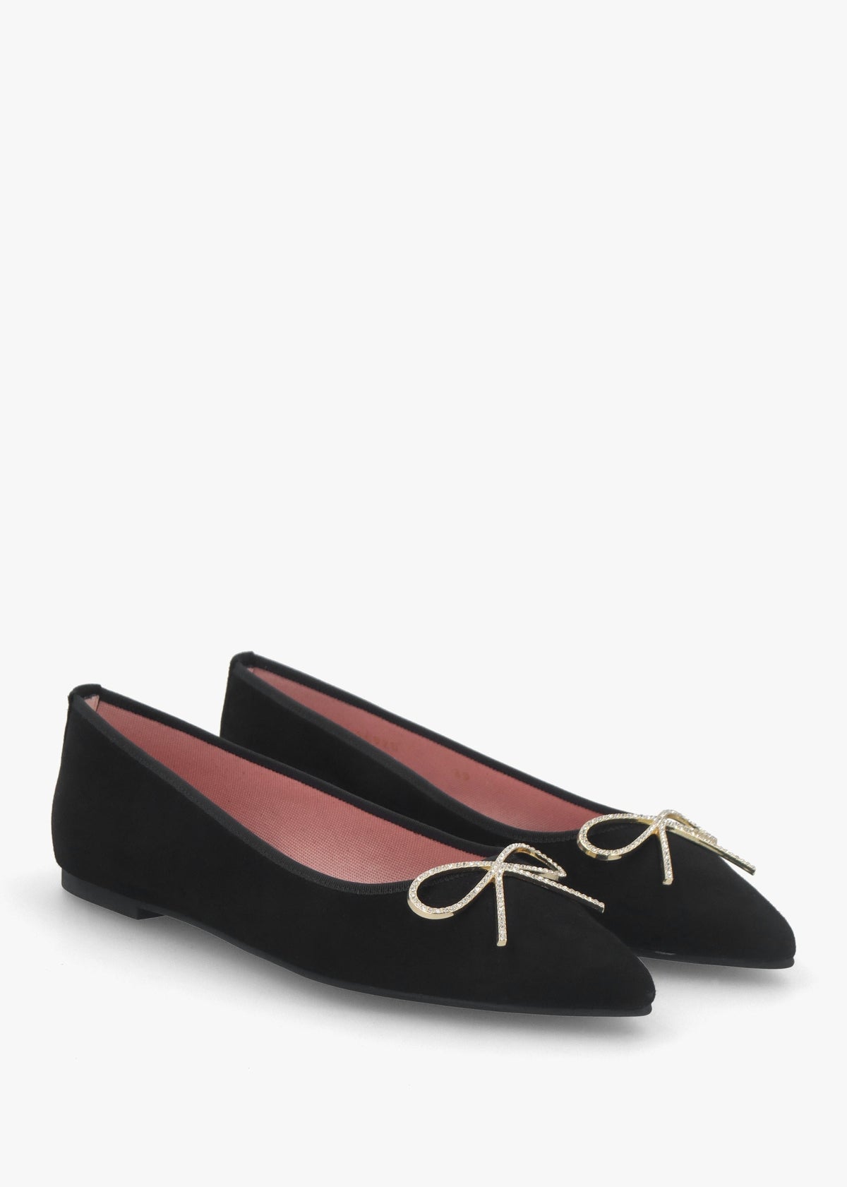 Ella Black Suede Diamante Bow Pointed Toe Ballet Pumps