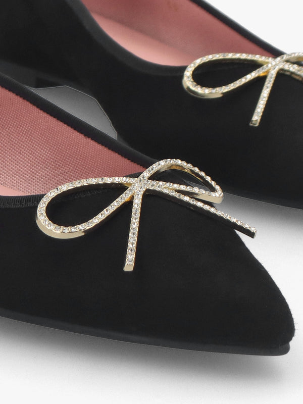 Ella Black Suede Diamante Bow Pointed Toe Ballet Pumps
