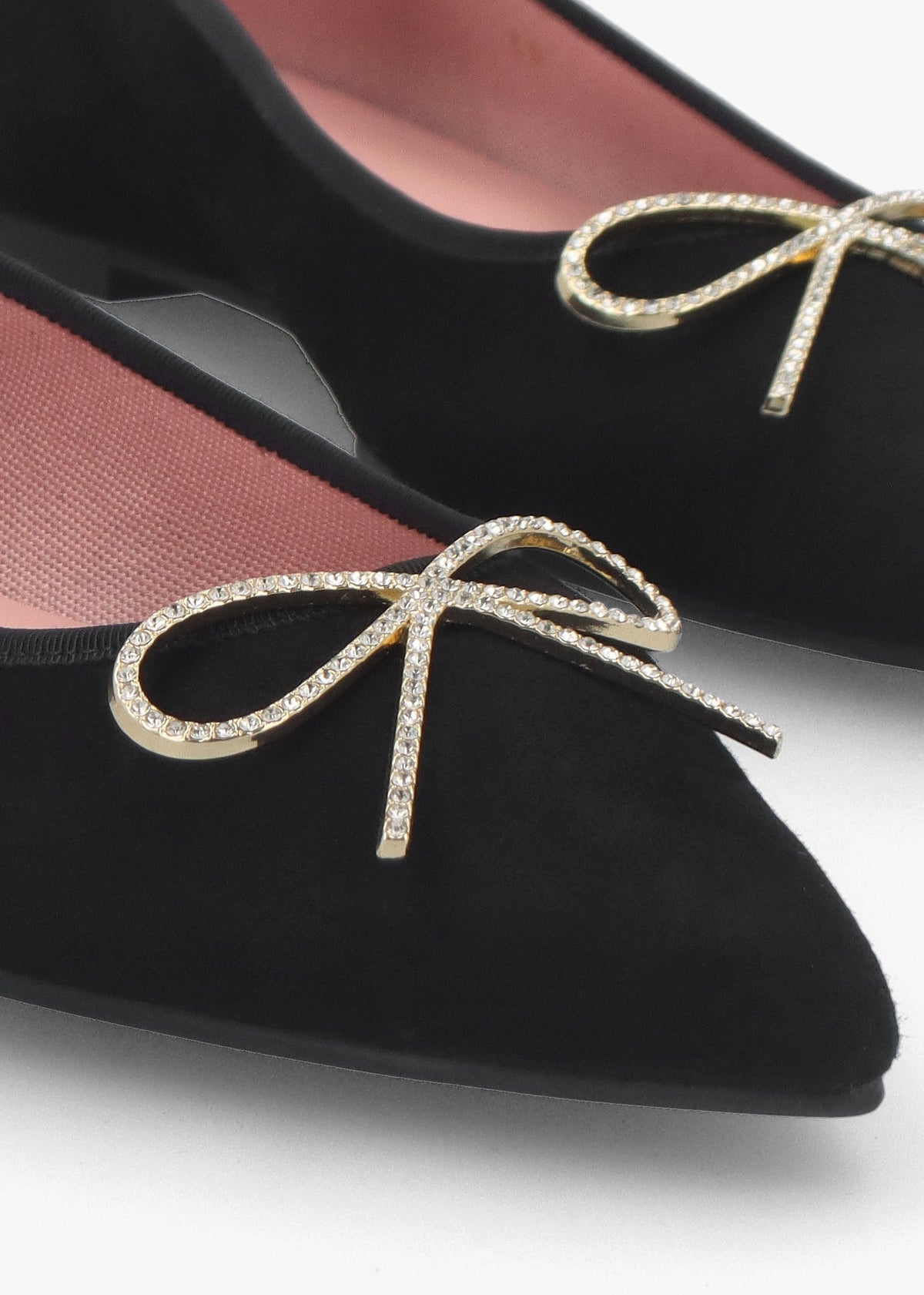 Ella Black Suede Diamante Bow Pointed Toe Ballet Pumps