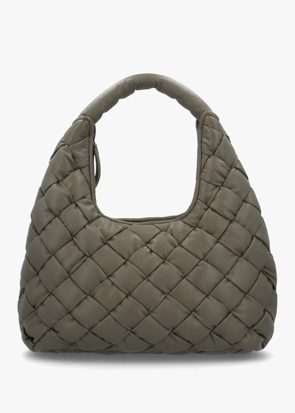 Veave Khaki Leather Woven Shoulder Bag